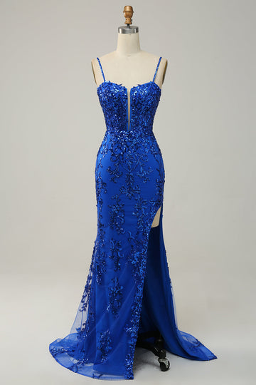 Mermaid Spaghetti Straps Royal Blue Sequins Long Ball Dress with Split Front
